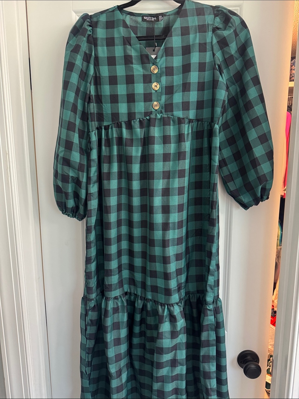 Nasty Gal Green and Black Buffalo Check Tiered Midi Dress